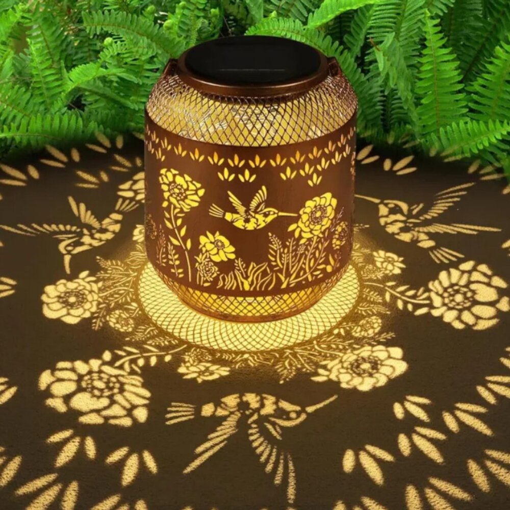 Metal Outdoor Hanging Solar Lantern, Hummingbird & Flowers, 8-10hrs Illuminated